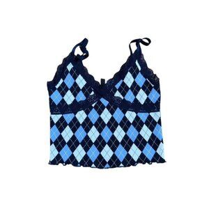 Divided Blue Ribbed Lace Tank Top Crop Argyle V-Neck Lace XS Babydoll Y2K Preppy